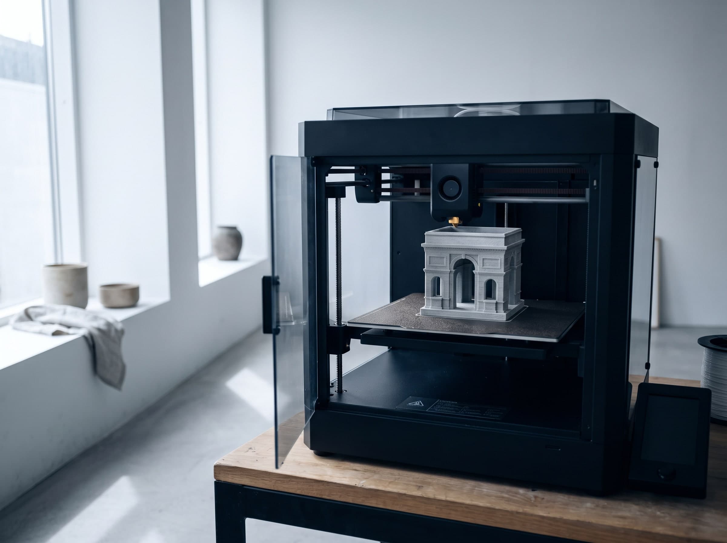 Schwarzer 3D-Drucker mit hellgrauem Modell eines Triumphbogens auf dem Druckbett