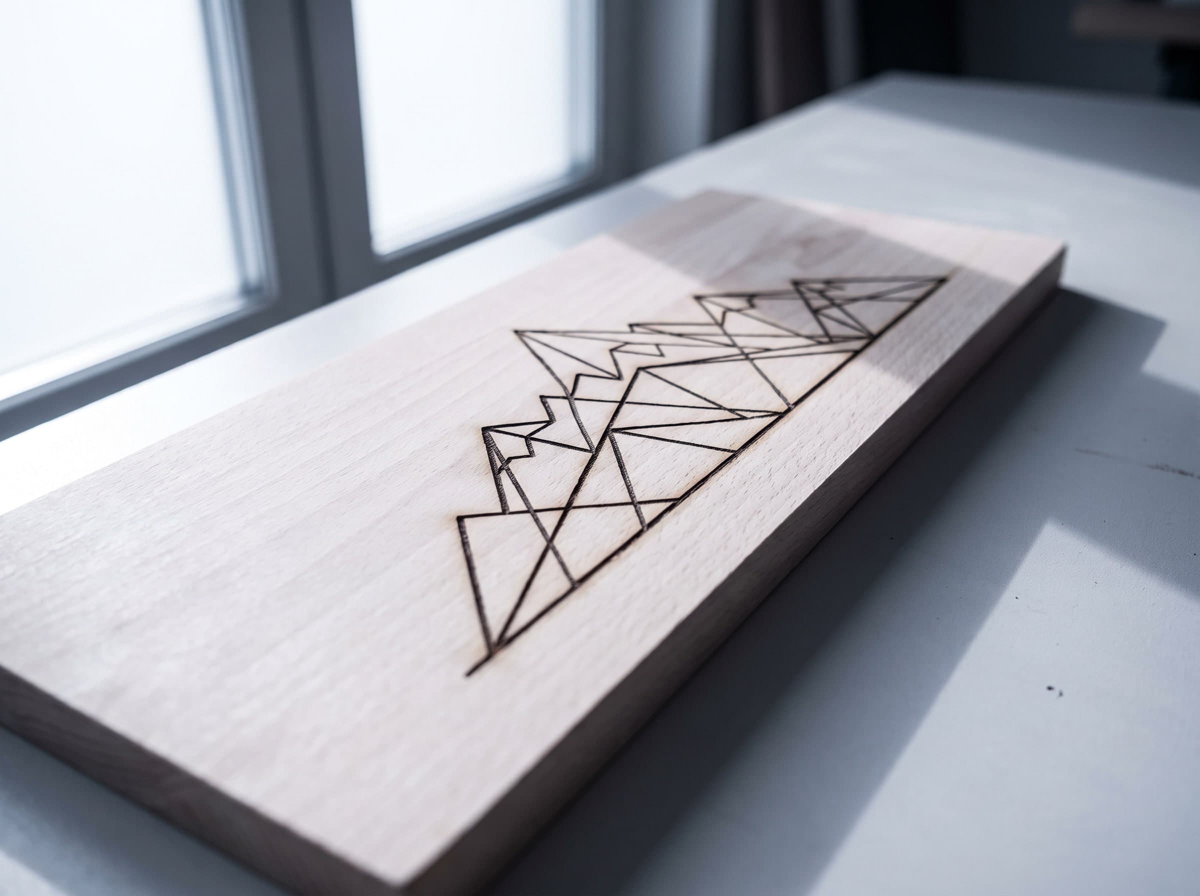 Helles Holzbrett mit eingravierter geometrischer Berglinie, am Fenster im Tageslicht