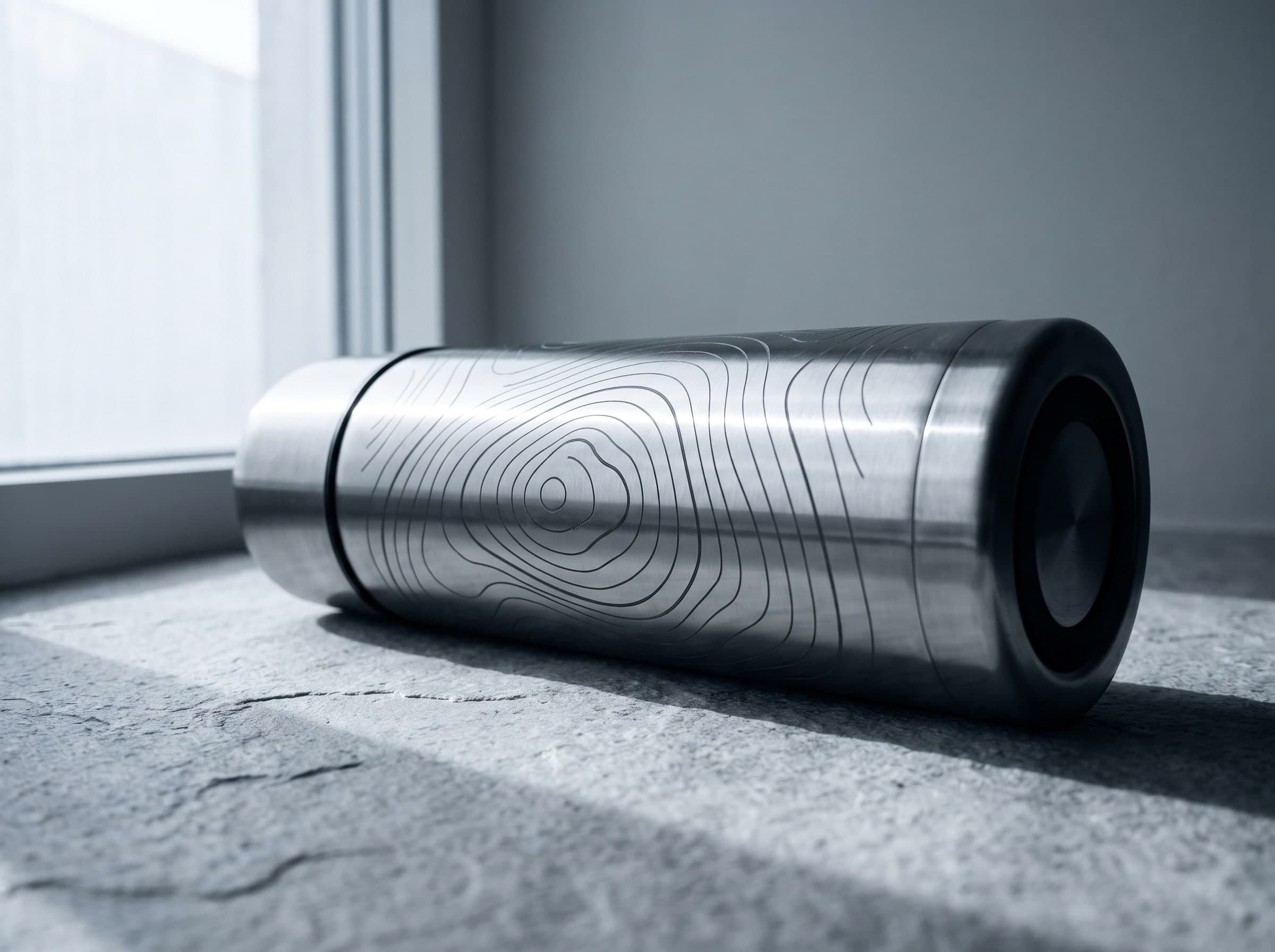 Metallene Thermosflasche mit gravierten Höhenlinien, liegend auf einer Steinfläche